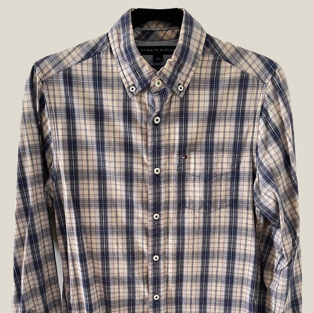SALE XS TOMMY HILFIGER CUSTOM FIT BLUE TAN PLAID WOVEN SHIRT